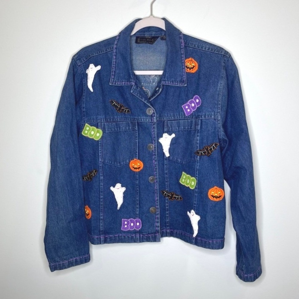Vintage Halloween Denim Jacket Size M Blue Embroidered Ghosts Pumpkin Spooky